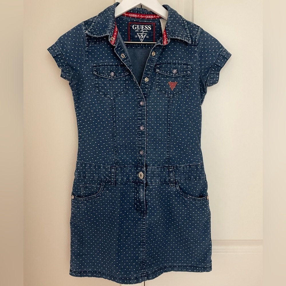 Kids Girls Guess Denim Dress, Cap Sleeve, Snap Up with Dots, Size 14 Jean Dress